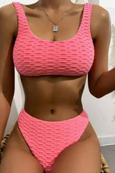 Conjunto de bikini de cintura alta con corte de toalla de rizo a cuadros: rosa fuerte, verde amarillo y aguamarina
